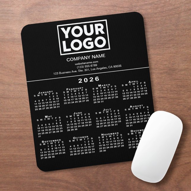 2026 Calendar Company Logo and Text on Black Mouse Mat (2026 Calendar Company Logo and Text on Black Mouse Pad, in situ)