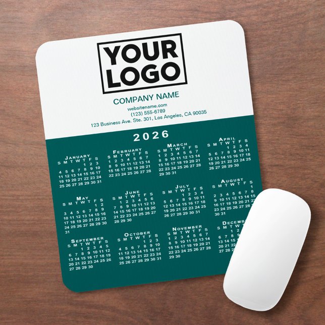 2026 Calendar Company Logo and Text Teal White Mouse Mat (2026 Calendar Company Logo and Text Teal White Mouse Pad, in situ)