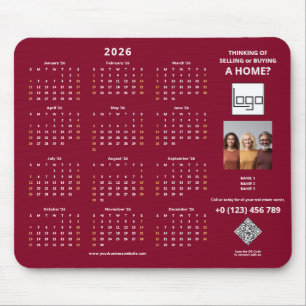 2026 Calendar Company Logo QR Code Burgundy Photo Mouse Mat