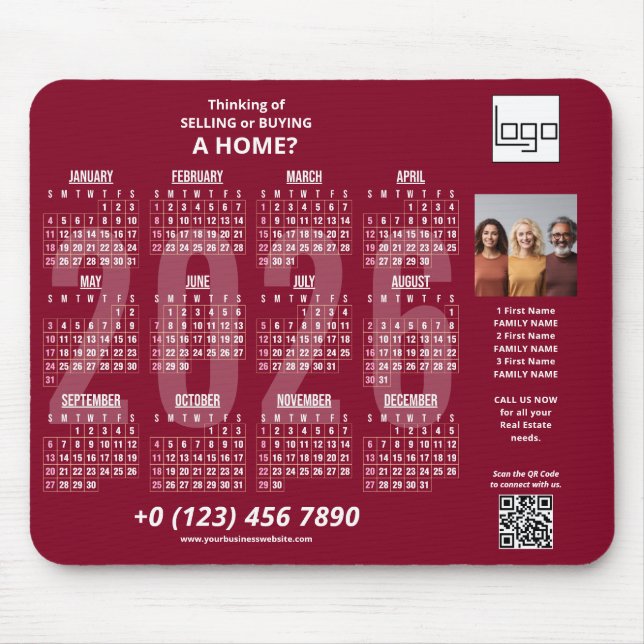 2026 Calendar Company Logo QR Code Burgundy Photo Mouse Mat (Front)