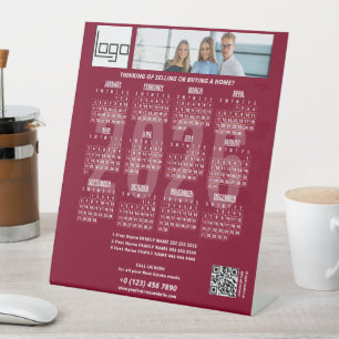 2026 Calendar Company Logo QR Code Burgundy Photo Pedestal Sign
