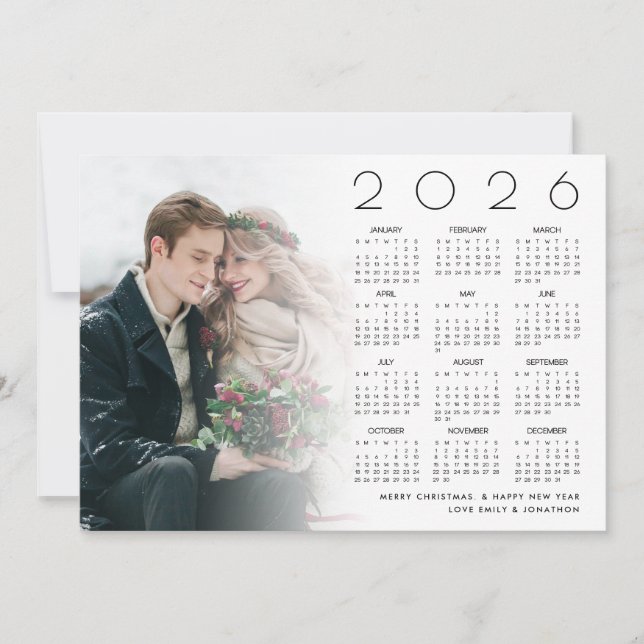 2026 Calendar Couple Photo Overlay Merry Christmas Holiday Card (Front)