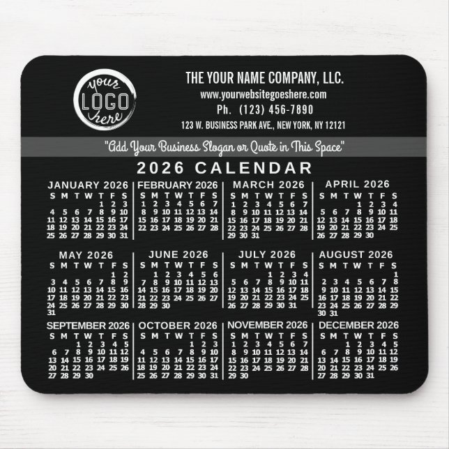 2026 Calendar Custom Business Logo Name Easy Black Mouse Mat (Front)