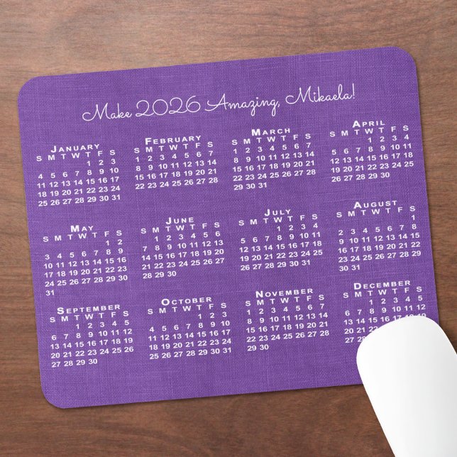 2026 Calendar Custom Name Purple Linen Photo Mouse Mat (2026 Calendar Custom Name Purple Linen Photo Mouse Pad, in situ)