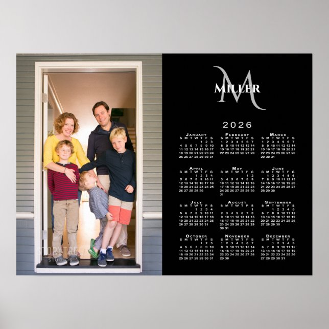 2026 Calendar Custom Photo Monogram Name Black Poster (Front)