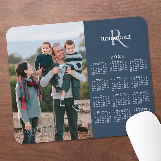 2026 Calendar Custom Photo Monogram Name Navy Blue Mouse Mat (2026 Calendar Custom Photo Monogram Name Navy Blue Mouse Pad, in situ)