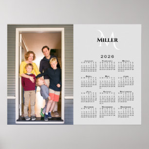 2026 Calendar Custom Photo Monogram Name on Gray Poster