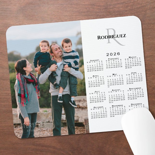 2026 Calendar Custom Photo Monogram Name on White Mouse Mat (2026 Calendar Custom Photo Monogram Name on White Mouse Pad, in situ)