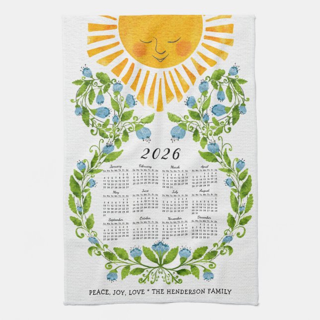 2026 Calendar Cute Sun Blue Flowers Floral Tea Towel (Vertical)