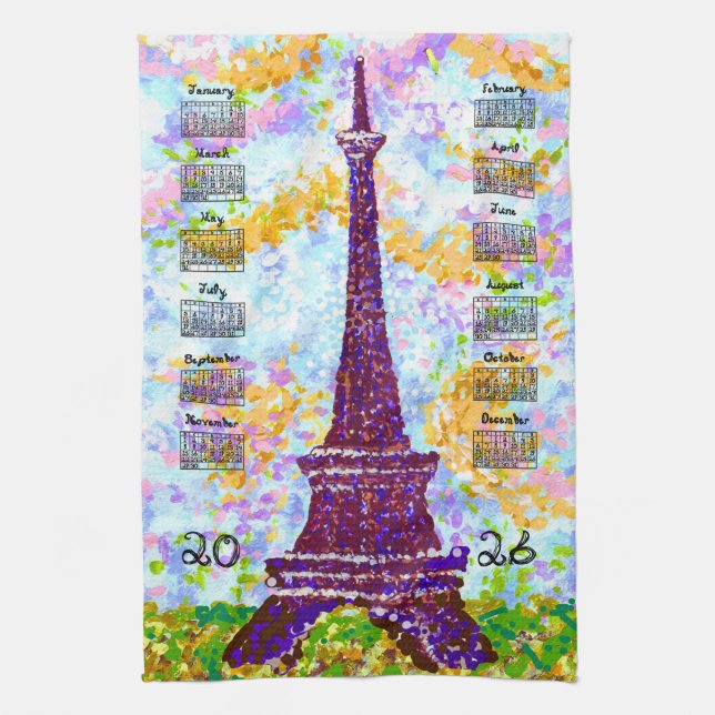 2026 Calendar Eiffel Tower Pointillism Landscape  Tea Towel (Vertical)