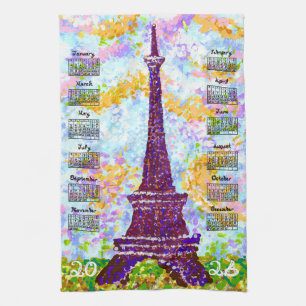 2026 Calendar Eiffel Tower Pointillism Landscape Tea Towel