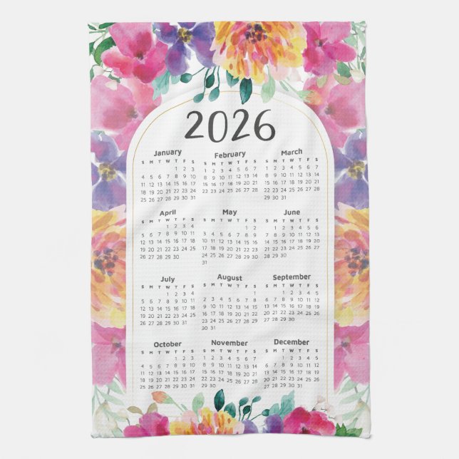 2026 Calendar Elegant Colourful Floral Garden Tea Towel (Vertical)