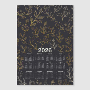 2026 Calendar Elegant Gold Leaves Pattern 