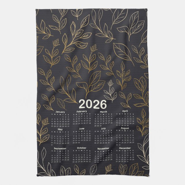 2026 Calendar Elegant Gold Leaves Pattern  Tea Towel (Vertical)