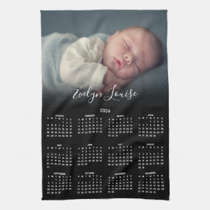 2026 Calendar Elegant Script Name Photo Tea Towel