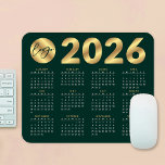 2026 Calendar Emerald Green & Gold Business Logo Mouse Mat<br><div class="desc">Create custom 2026 calendar mousepads with your company logo using this modern emerald green and gold effect calendar design. Great to use as a promotional gift for clients and employees. Featuring faux gold effects over a dark green background, your business logo & contact details - these 2026 calendar mouse pads...</div>
