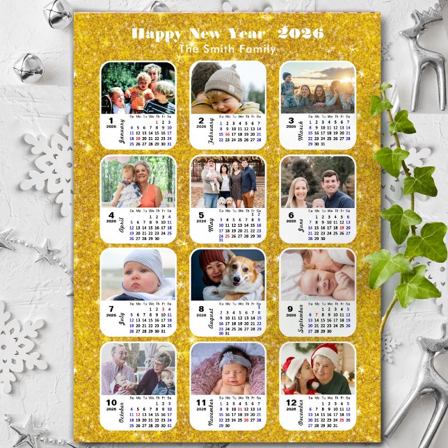2026 Calendar Family 12 Photo Collage Festive Gold Holiday Card (Creator Uploaded)