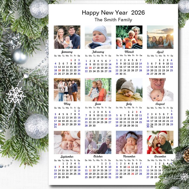 2026 Calendar Family 12 Photo Collage Minimalist Holiday Card (Creator Uploaded)