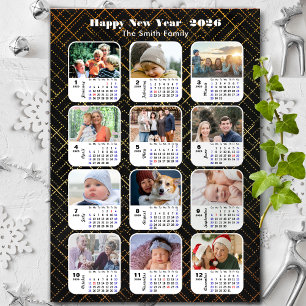 2026 Calendar Family 12 Photo Collage Modern Black Holiday Card