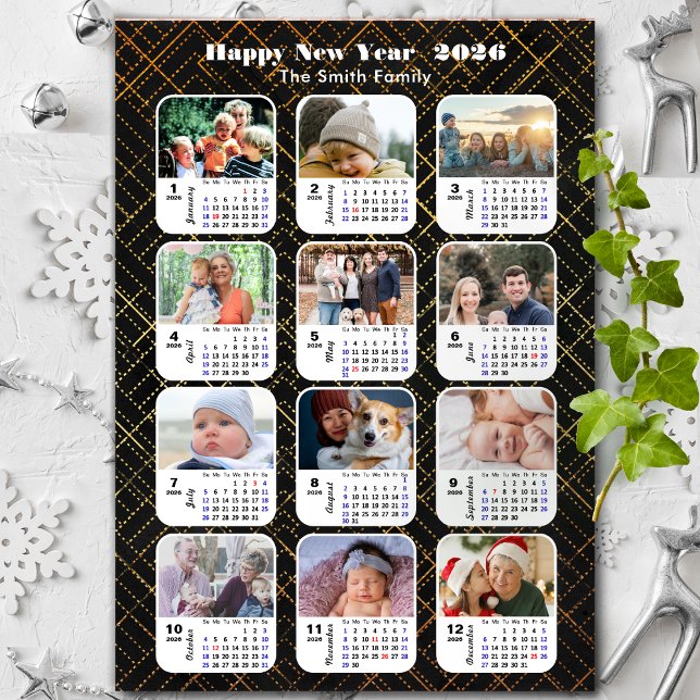 2026 Calendar Family 12 Photo Collage Modern Black Holiday Card (Creator Uploaded)