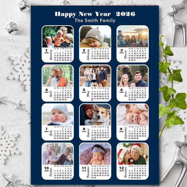 2026 Calendar Family 12 Photo Collage Modern Blue Holiday Card (Creator Uploaded)
