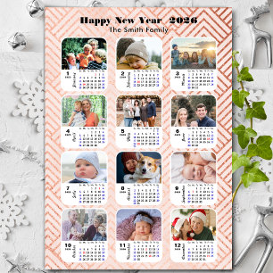 2026 Calendar Family 12 Photo Collage Modern Pink Holiday Card