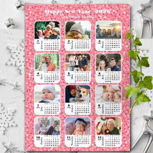 2026 Calendar Family 12 Photo Collage Pink Glitter Holiday Card