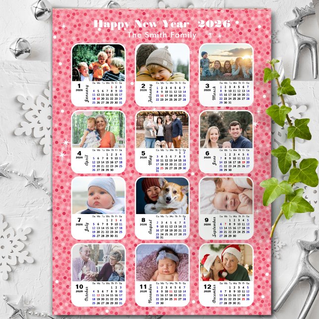 2026 Calendar Family 12 Photo Collage Pink Glitter Holiday Card (Creator Uploaded)