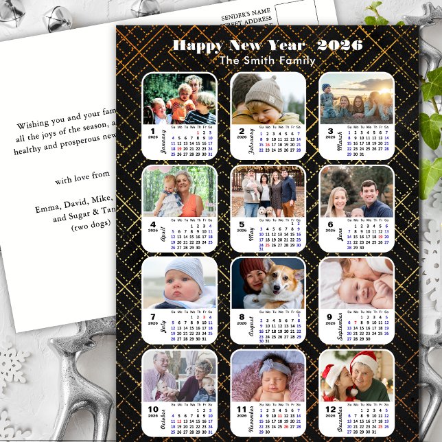2026 Calendar Family 12 Photo Modern Black Gold Holiday Postcard (Creator Uploaded)
