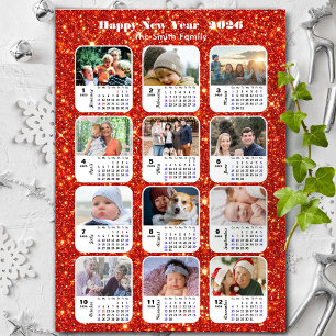 2026 Calendar Family 12 Photo Modern Red Glitter