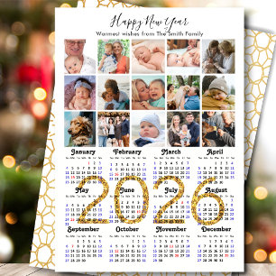 2026 Calendar Family 15 Photo Collage Gold Glitter Holiday Card