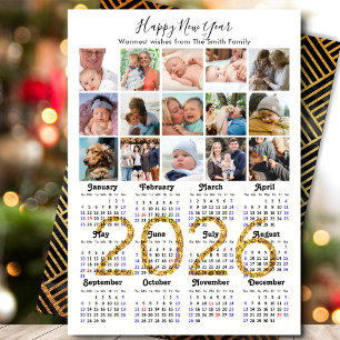 2026 Calendar Family 15 Photo Collage Gold Glitter Holiday Card
