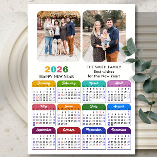 2026 Calendar Family 2 Photo Modern Black Colourfu Holiday Card