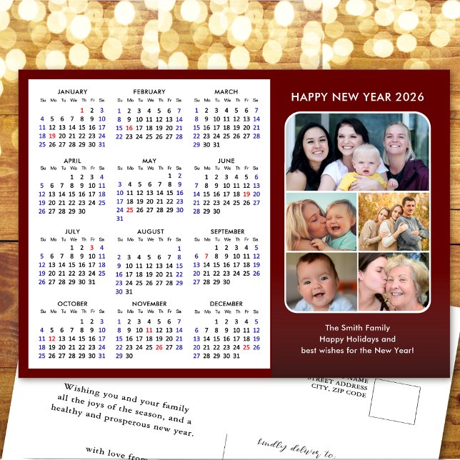 2026 Calendar Family 5 Photo Modern Red Minimalist Holiday Postcard (Creator Uploaded)