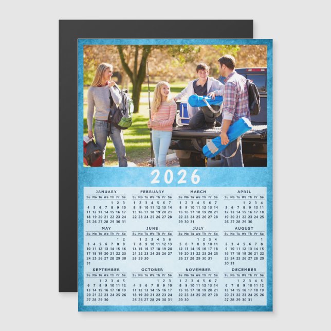 2026 Calendar Family Photo Blue Fridge Magnet (Front/Back)