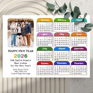 2026 Calendar Family Photo Modern Black Colourful Holiday Card