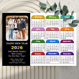 2026 Calendar Family Photo Modern Black Colourful Holiday Card