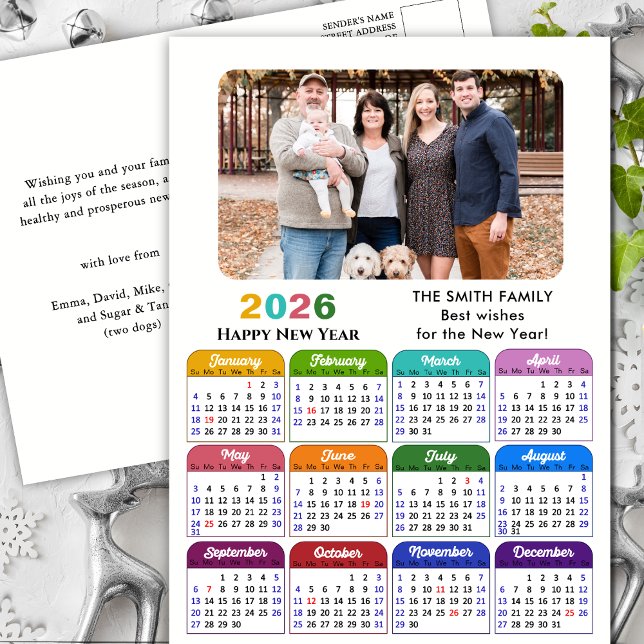 2026 Calendar Family Photo Modern Black Colourful Holiday Postcard (Creator Uploaded)