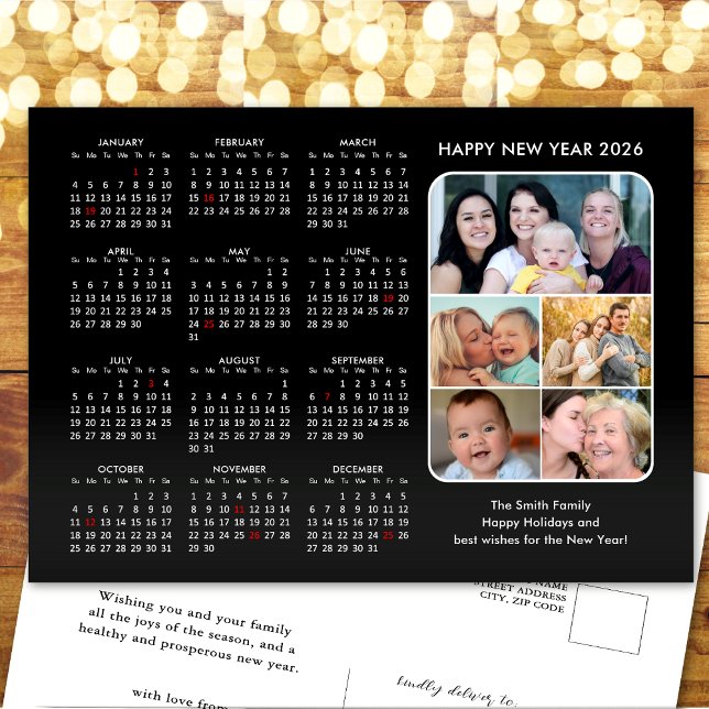 2026 Calendar Family Photo Modern Black Minimalist Holiday Postcard (Creator Uploaded)