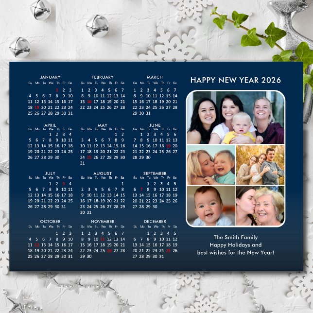 2026 Calendar Family Photo Modern Blue Minimalist Holiday Card (Creator Uploaded)
