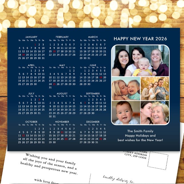 2026 Calendar Family Photo Modern Blue Minimalist Holiday Postcard (Creator Uploaded)