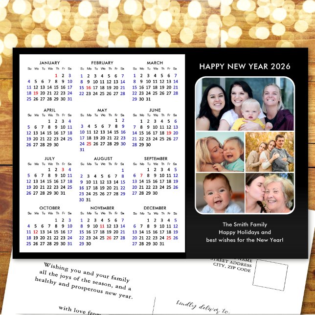 2026 Calendar Family Photo Modern Green Minimalist Holiday Postcard (Creator Uploaded)