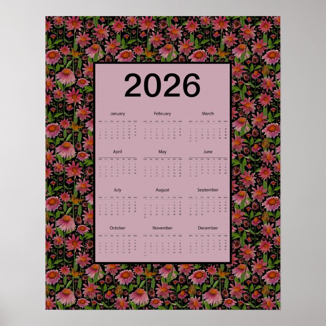 2026 Calendar Full Year Cone Flowers Poster (Front)