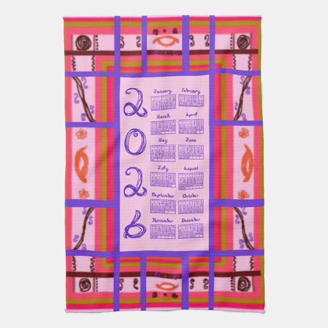 2026 Calendar Girl Power Curvy Plaid Frame Tea Towel (Vertical)