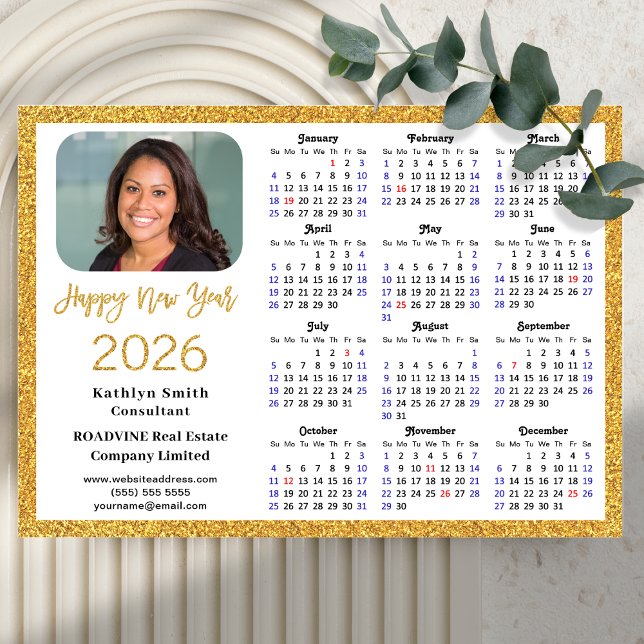 2026 Calendar Gold Glitter Business Photo Magnetic (Creator Uploaded)