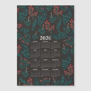 2026 Calendar Green Leaves and Red Floral Black