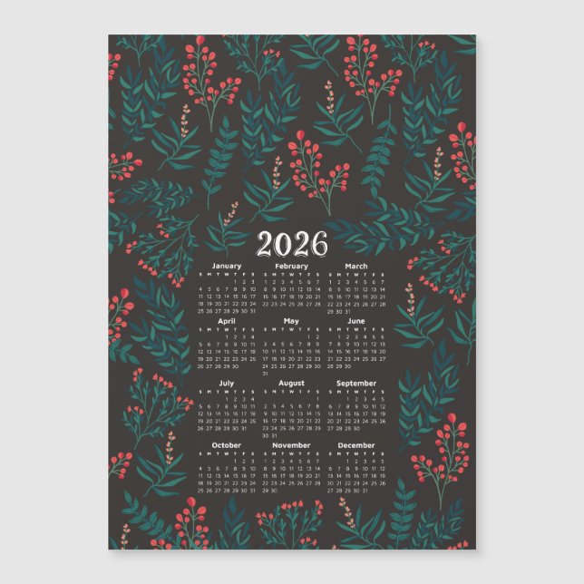 2026 Calendar Green Leaves and Red Floral Black (Front)