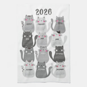 2026 Calendar Grey Cats Tea Towel