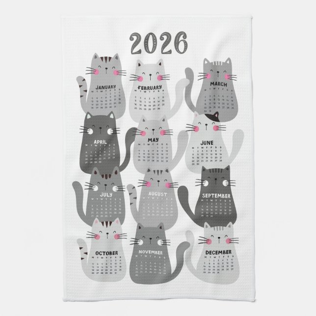 2026 Calendar Grey Cats Tea Towel (Vertical)