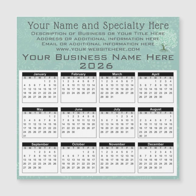 2026 Calendar Heart Leaf Tree Floral Mint Green (Front)